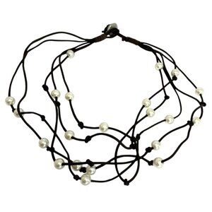 Boho Leather & Faux Pearl Multi-Strand Necklace